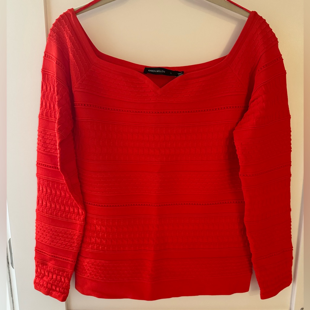 New Karen Millen Off The Shoulder Red Sweater Sweetheart Neckline Size Large